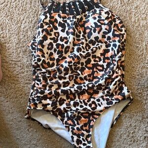 Leopard Print High Neck One-Piece Swimsuit - Black & Tan